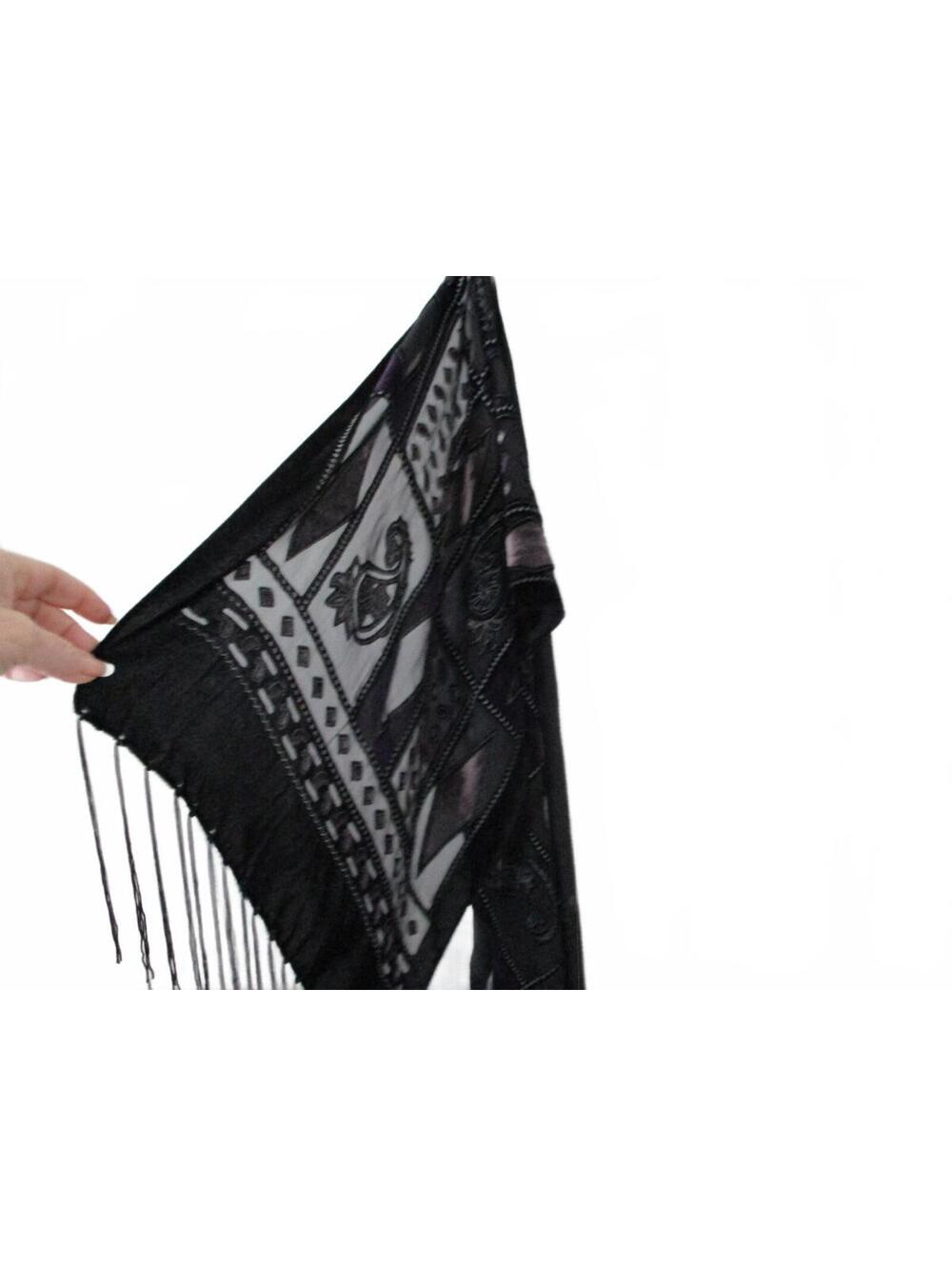 Black Silk Blend Shawl Beaded Paisley Fringe Wrap Scarf Elegant Evening Kimono